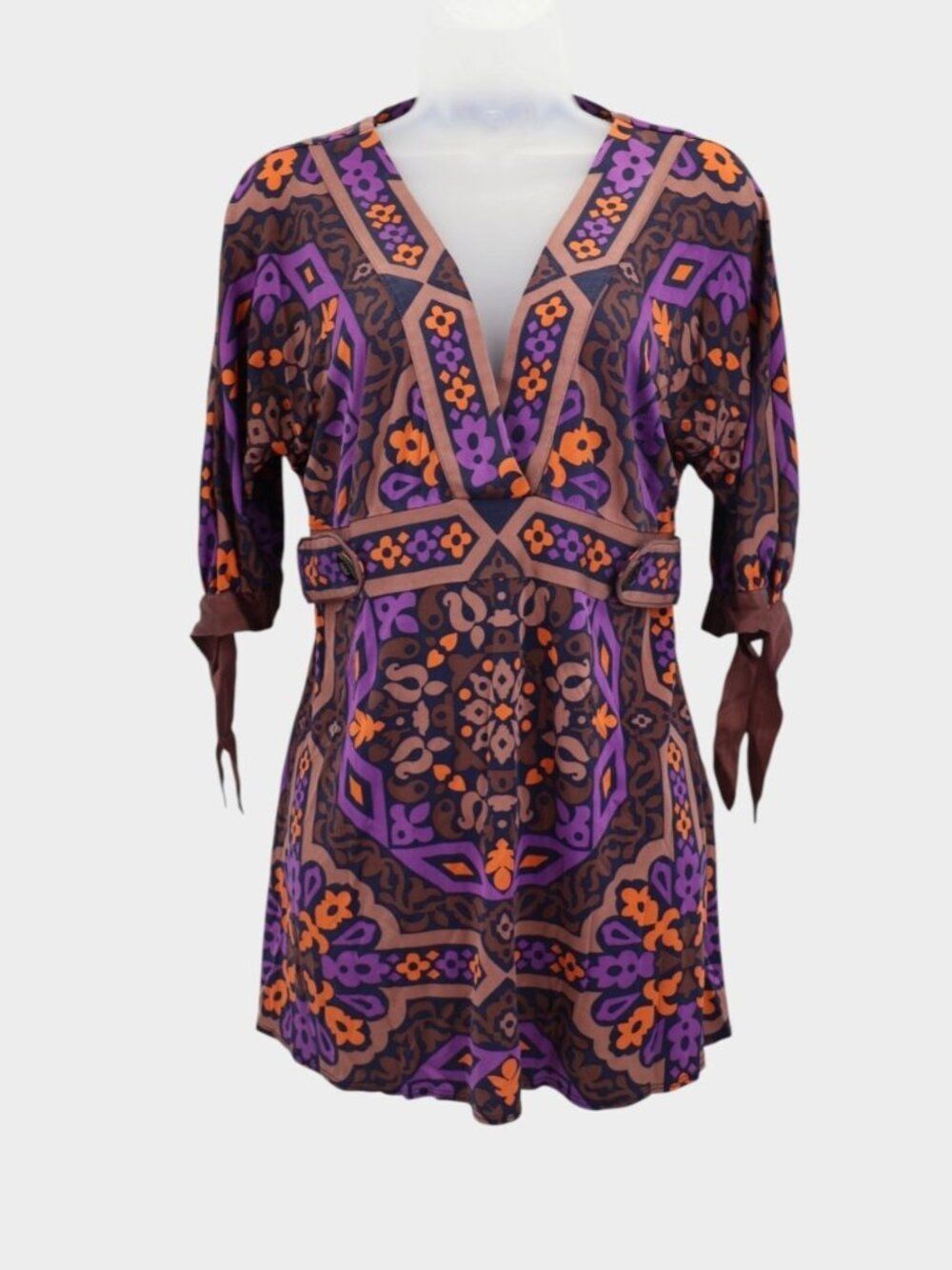 Hale Bob Silk Boho Retro Print Mini Dress Purple Orange V-Neck Tie Sleeve M